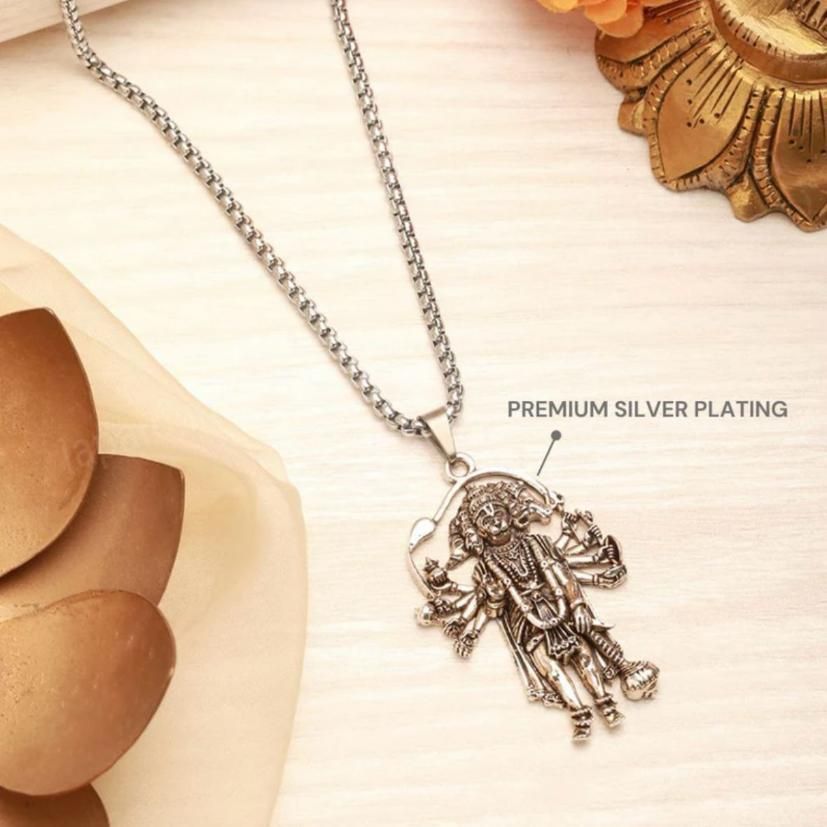 5 Mukhi Standing Hanumanji Pendant with Chain | Silver Plated Religious Jewelry for Men