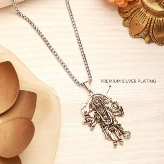 5 Mukhi Standing Hanumanji Pendant with Chain | Silver Plated Religious Jewelry for Men