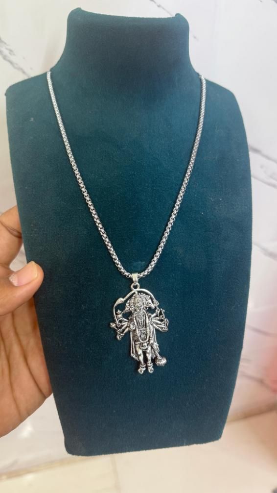 5 Mukhi Standing Hanumanji Pendant with Chain | Silver Plated Religious Jewelry for Men