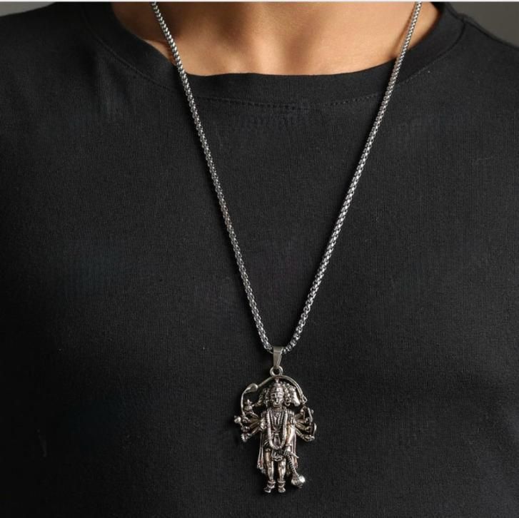 5 Mukhi Standing Hanumanji Pendant with Chain | Silver Plated Religious Jewelry for Men