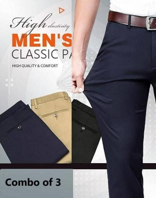 High Elasticity Men's Cotton Pants – Pack of 3 | Solid Color | Regular Fit Casual Bottoms